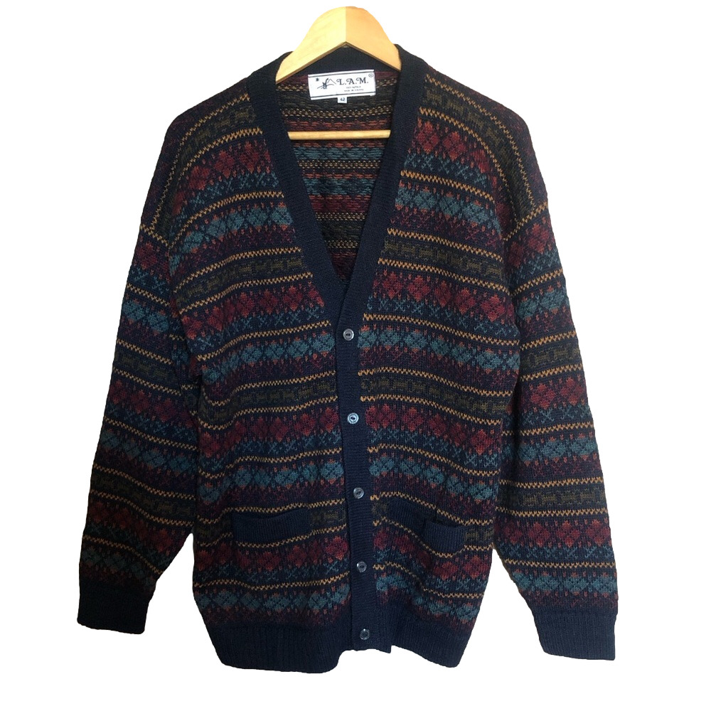 Vintage Loose Fit Alpaca Geometric Button Up Cardigan Large